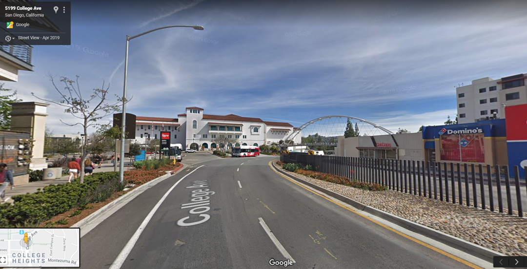 Looking at SDSU Transit Center and Aztec Student Union, College Ave